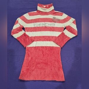 Bebe Rhinestone Logo Watemelon Crush/White Turtle Neck Chenille Sweater- Small.